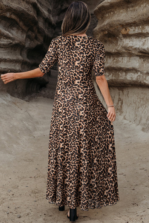Reversible Mesh Leopard Floral Print Short Sleeve Midi Dress