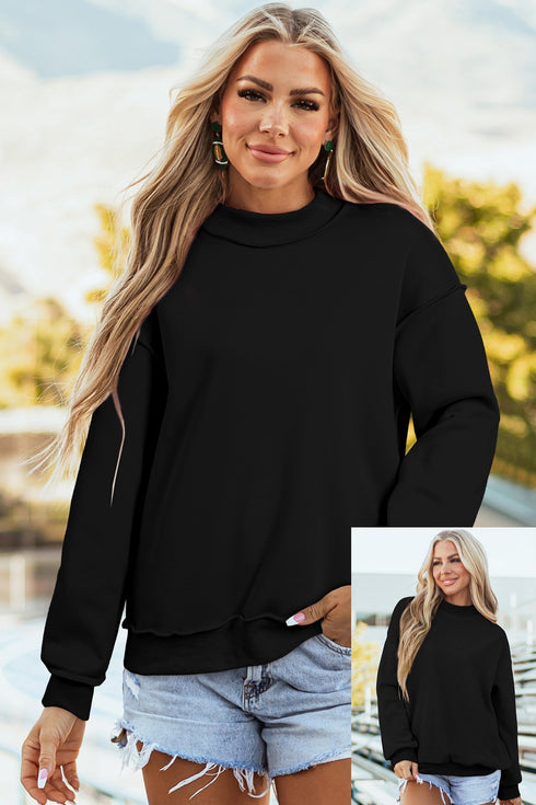 Relaxed Fit Exposed Seam Mock Neck Pullover Sweatshirt