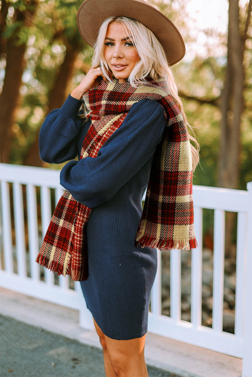Reversible Plaid Houndstooth Fringe Trim Pashmina Scarf