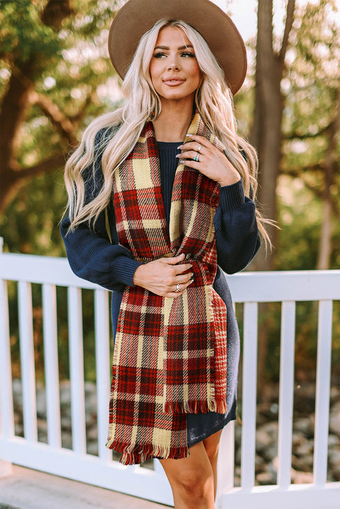 Reversible Plaid Houndstooth Fringe Trim Pashmina Scarf