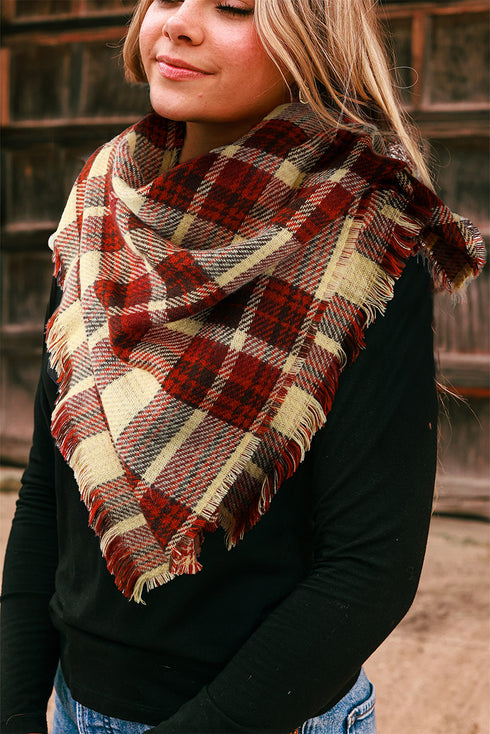 Reversible Plaid Houndstooth Fringe Trim Pashmina Scarf