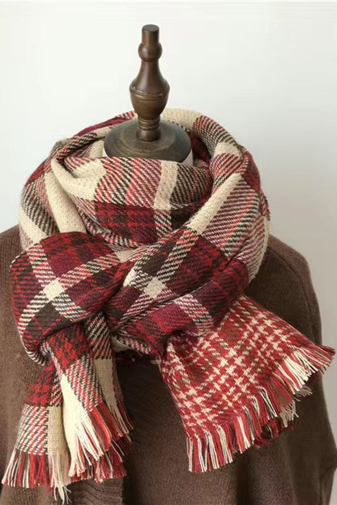 Reversible Plaid Houndstooth Fringe Trim Pashmina Scarf