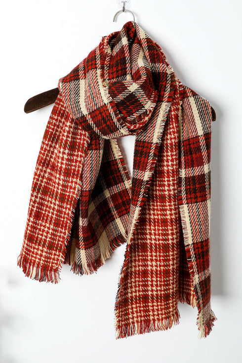 Reversible Plaid Houndstooth Fringe Trim Pashmina Scarf