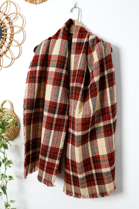 Reversible Plaid Houndstooth Fringe Trim Pashmina Scarf