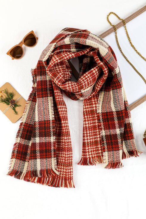Reversible Plaid Houndstooth Fringe Trim Pashmina Scarf