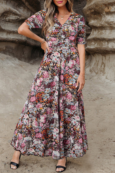 Reversible Two Way Wear Leopard Floral Print V Neck A Line Slit Midi Dress