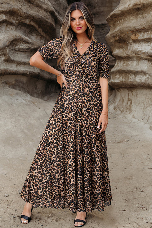 Reversible Two Way Wear Leopard Floral Print V Neck A Line Slit Midi Dress