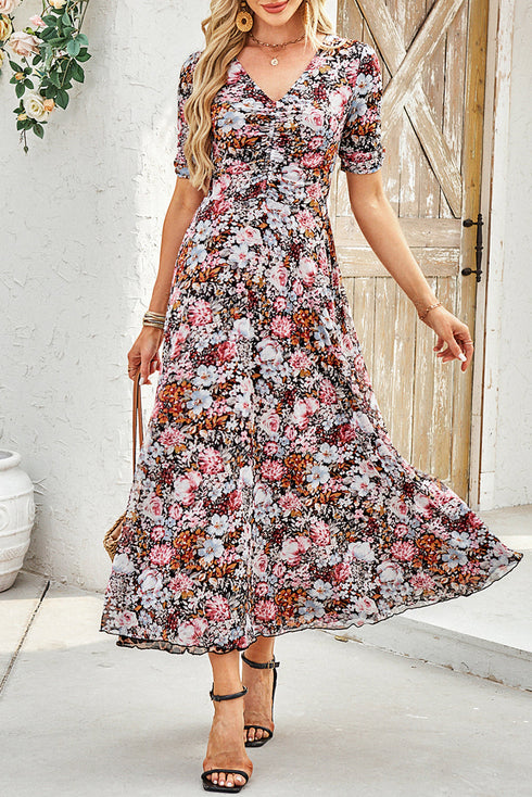 Reversible Two Way Wear Leopard Floral Print V Neck A Line Slit Midi Dress