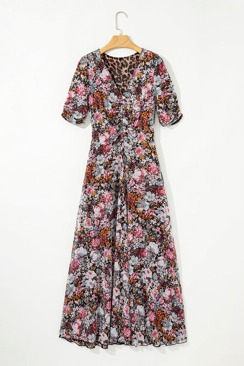 Reversible Two Way Wear Leopard Floral Print V Neck A Line Slit Midi Dress