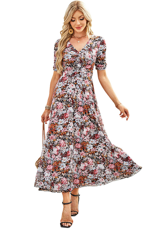 Reversible Two Way Wear Leopard Floral Print V Neck A Line Slit Midi Dress