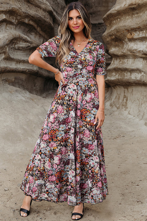 Reversible Two Way Wear Leopard Floral Print V Neck A Line Slit Midi Dress