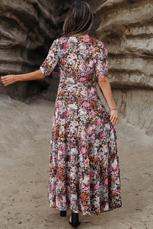 Reversible Two Way Wear Leopard Floral Print V Neck A Line Slit Midi Dress