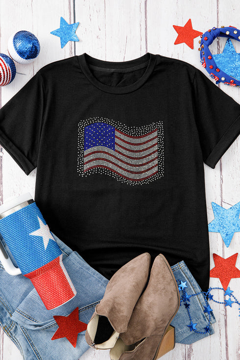 Rhinestone American Flag Graphic Short Sleeve Crew Neck Tee