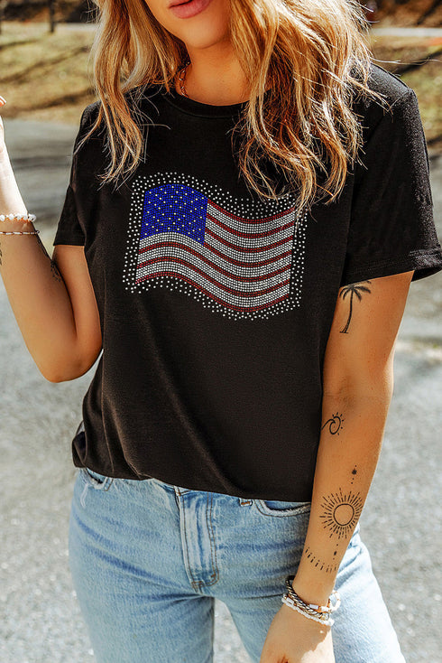 Rhinestone American Flag Graphic Short Sleeve Crew Neck Tee