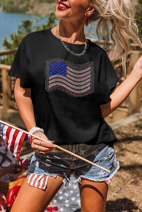 Rhinestone American Flag Graphic Short Sleeve Crew Neck Tee