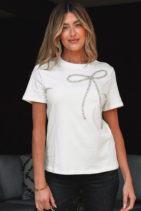 Rhinestone Bow Appliqu? Short Sleeve Jersey Tee