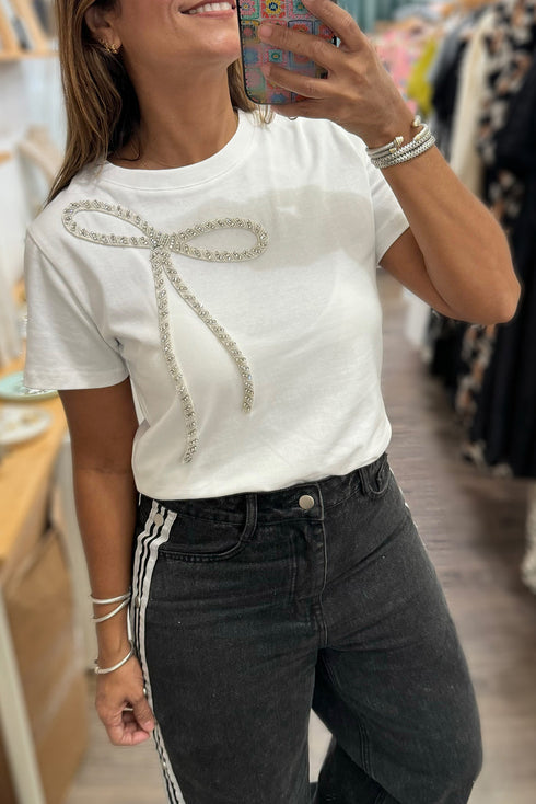 Rhinestone Bow Appliqu? Short Sleeve Jersey Tee