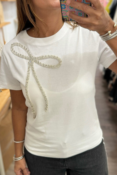 Rhinestone Bow Appliqu? Short Sleeve Jersey Tee