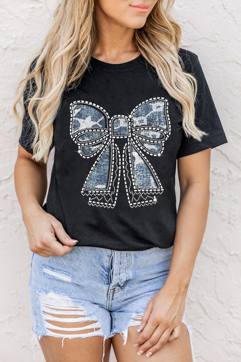 Rhinestone Bow Graphic Short Sleeve Crewneck T Shirt