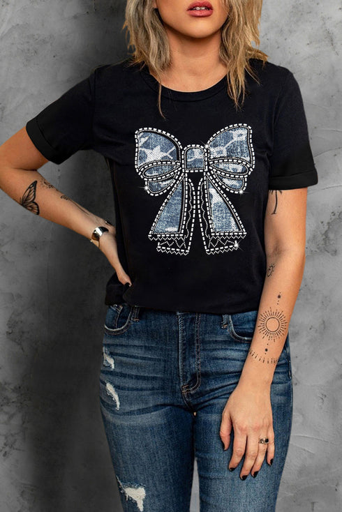 Rhinestone Bow Graphic Short Sleeve Crewneck T Shirt