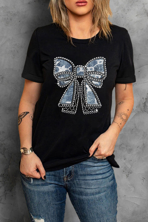 Rhinestone Bow Graphic Short Sleeve Crewneck T Shirt