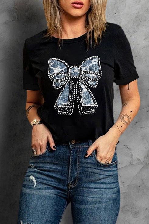 Rhinestone Bow Graphic Short Sleeve Crewneck T Shirt