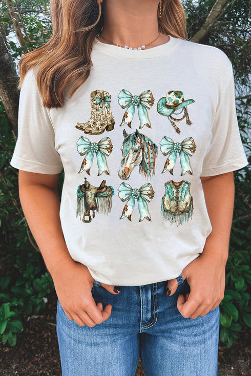 Rhinestone Cowgirl Bows And Horse Graphic Print Tee Shirt
