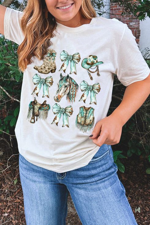 Rhinestone Cowgirl Bows And Horse Graphic Print Tee Shirt