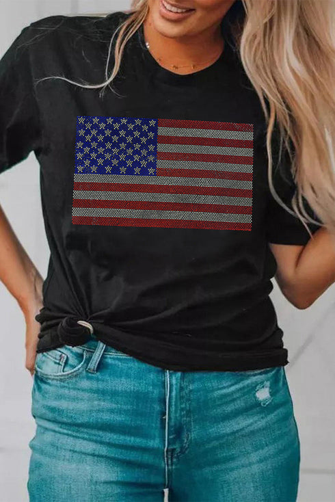 Rhinestone Embellished American Flag Graphic Short Sleeve Tee