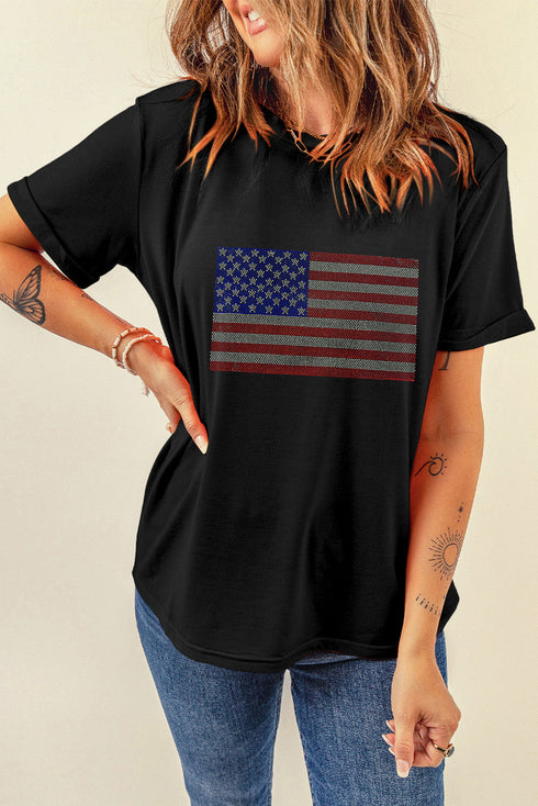 Rhinestone Embellished American Flag Graphic Short Sleeve Tee