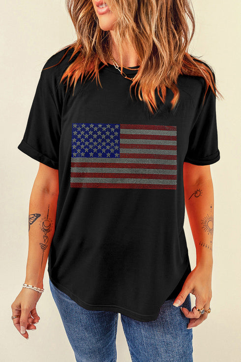 Rhinestone Embellished American Flag Graphic Short Sleeve Tee