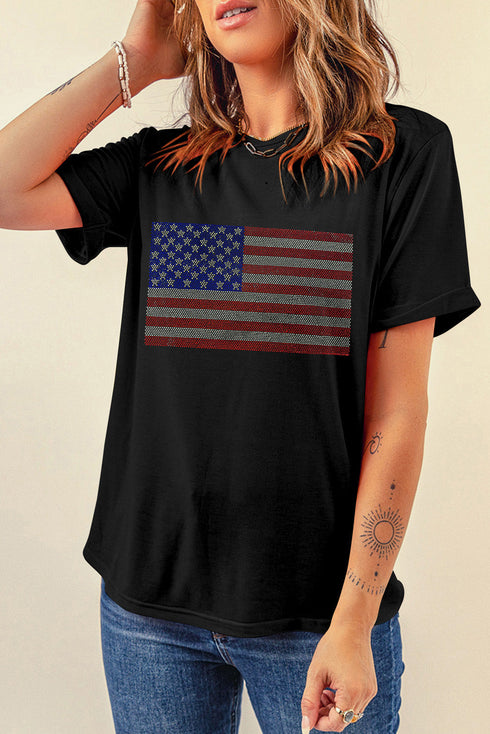 Rhinestone Embellished American Flag Graphic Short Sleeve Tee