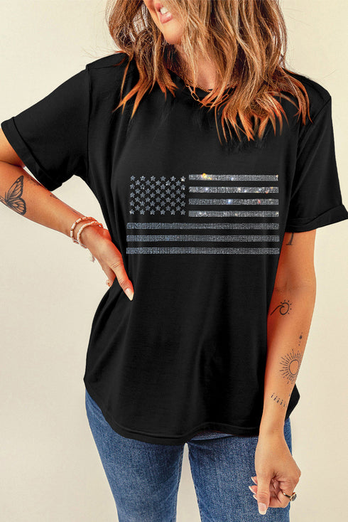 Rhinestone Embellished Flag Graphic Short Sleeve Tee