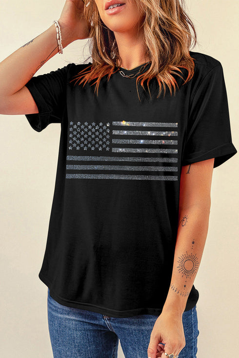 Rhinestone Embellished Flag Graphic Short Sleeve Tee