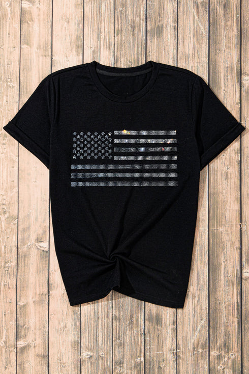Rhinestone Embellished Flag Graphic Short Sleeve Tee