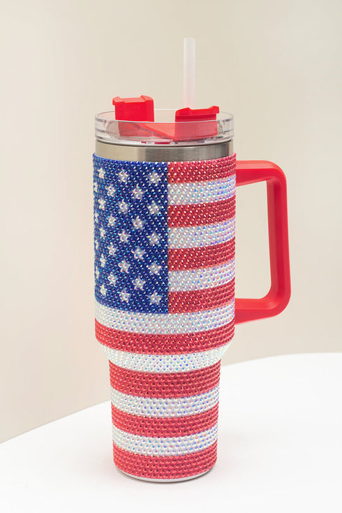 Rhinestone Embellished Flag Print Stainless Steel Travel Tumbler