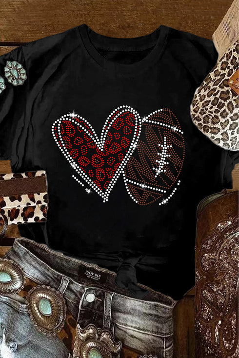 Rhinestone Embellished Football Heart Short Sleeve Graphic Tee