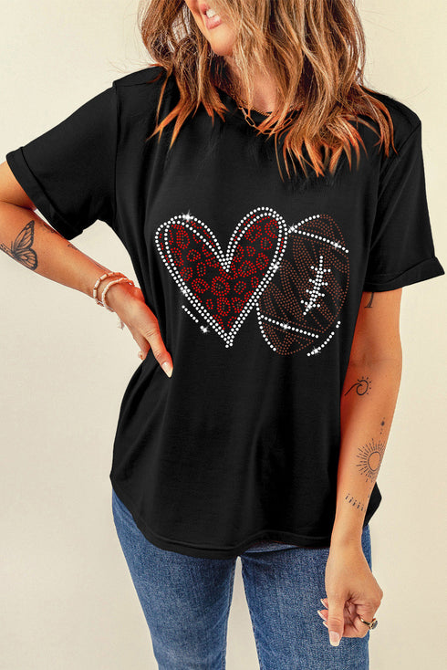 Rhinestone Embellished Football Heart Short Sleeve Graphic Tee