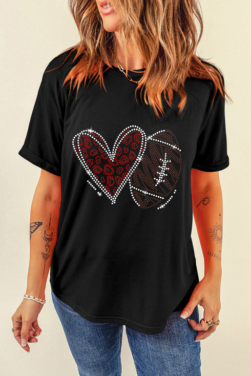 Rhinestone Embellished Football Heart Short Sleeve Graphic Tee