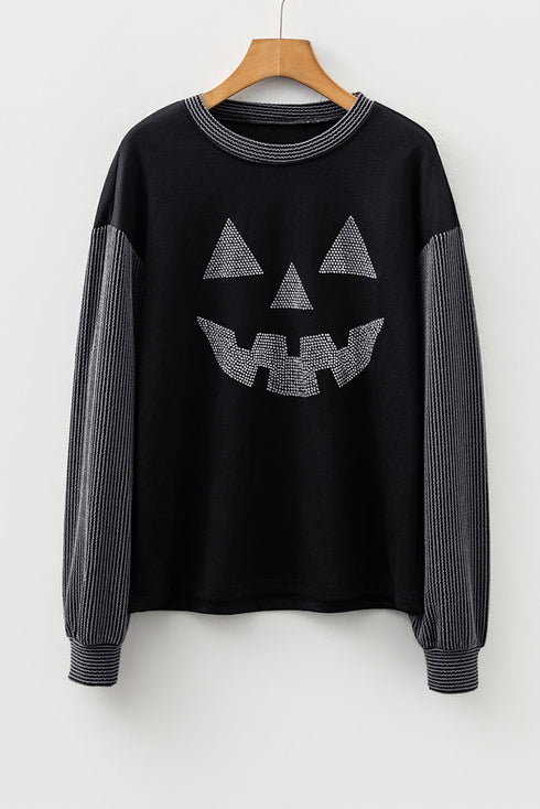 Rhinestone Embellished Graphic Ribbed Knit Patchwork Top