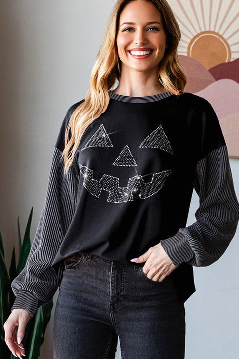 Rhinestone Embellished Graphic Ribbed Knit Patchwork Top