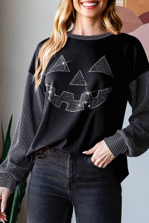 Rhinestone Embellished Graphic Ribbed Knit Patchwork Top