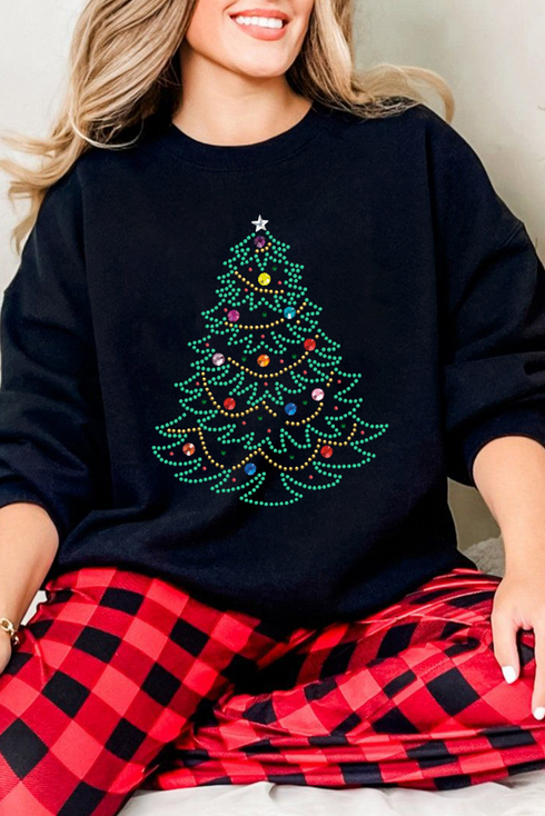 Rhinestone Embellished Holiday Tree Graphic Pullover Sweatshirt