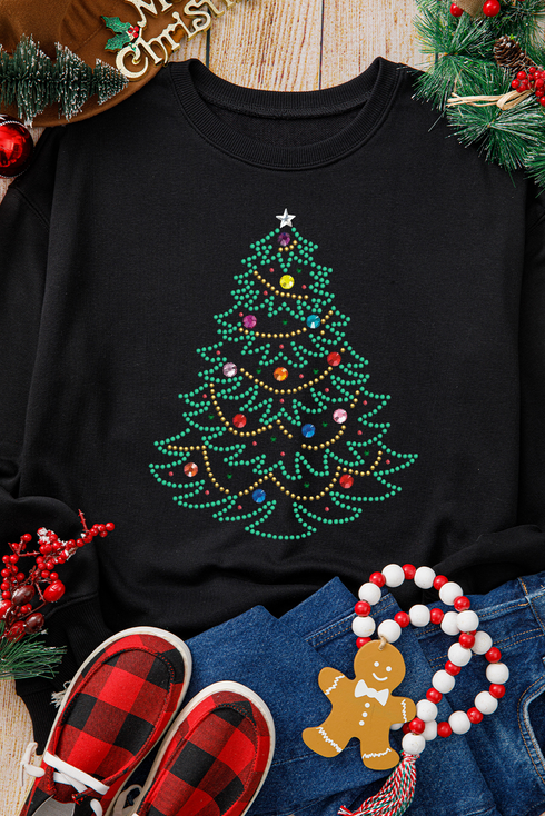 Rhinestone Embellished Holiday Tree Graphic Pullover Sweatshirt