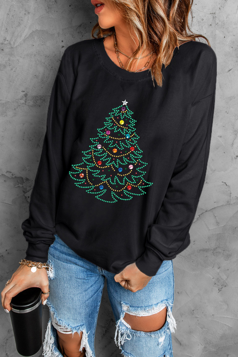 Rhinestone Embellished Holiday Tree Graphic Pullover Sweatshirt