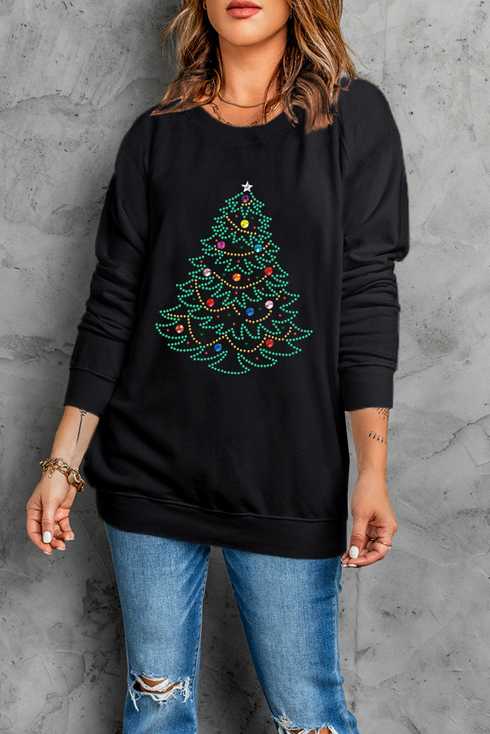 Rhinestone Embellished Holiday Tree Graphic Pullover Sweatshirt