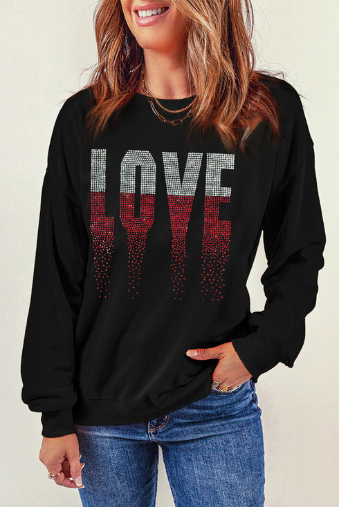 Rhinestone Embellished Love Graphic Drop Shoulder Sweatshirt