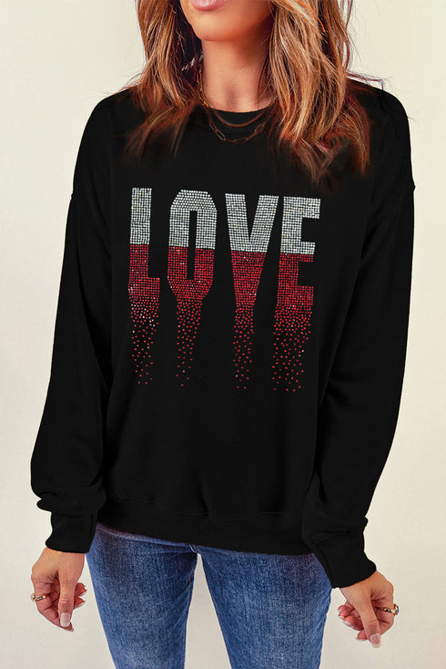 Rhinestone Embellished Love Graphic Drop Shoulder Sweatshirt