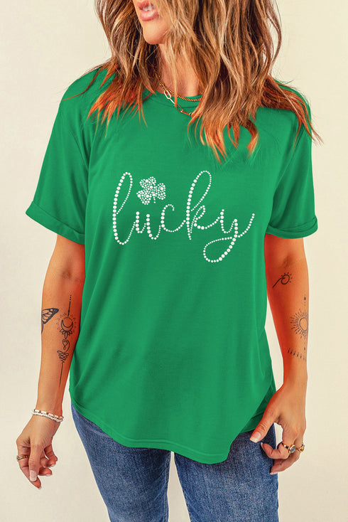 Rhinestone Embellished Lucky Clover Graphic Short Sleeve Tee