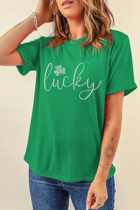 Rhinestone Embellished Lucky Clover Graphic Short Sleeve Tee